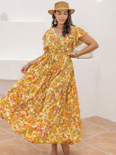 Plus Size Printed V-Neck Flutter Sleeve Tie Waist Maxi Dress OutfitFlow